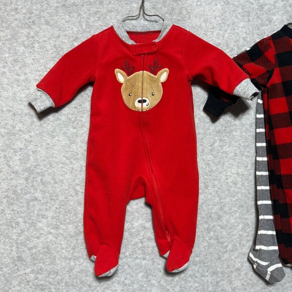 Carters Baby Boy 3M Lot of 3 Fleece Footies Christmas Penguin Reindeer Plaid - Picture 2 of 10